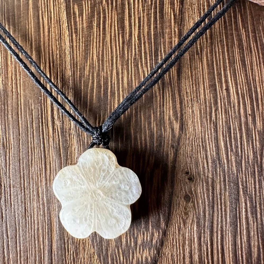 Small Moonstone Flower Pendant Necklace on Black Rope, Subtle Blue Flash - Picture 11 of 15